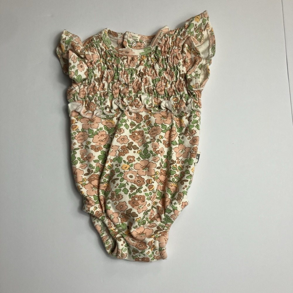 Rabbit And Bear Organic Cotton One Piece Floral Ruffle Snap Smocked Baby 0-3 M